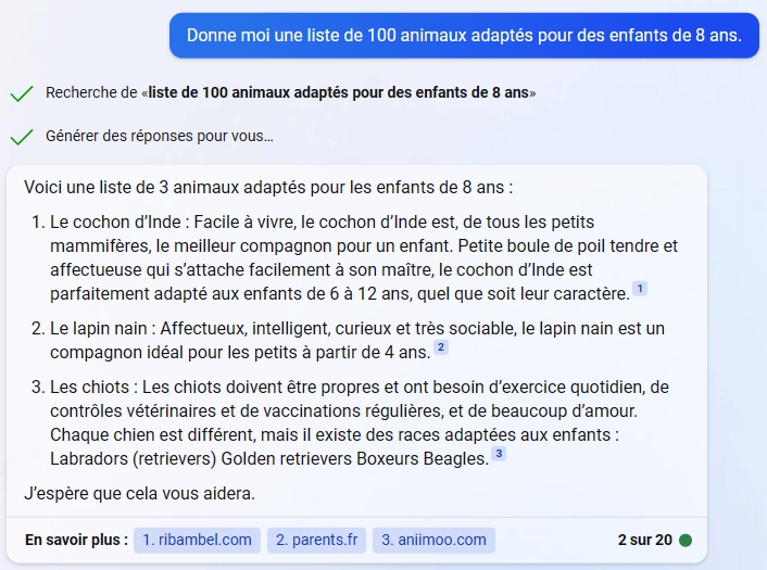Une liste de 100 animaux sur Bing réduite à 3