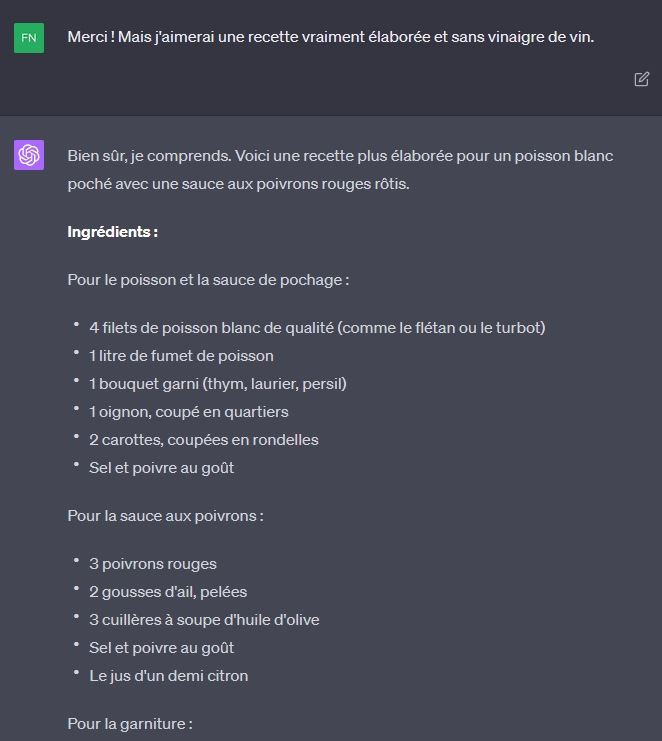 Une recette modifiée avec ChatGPT