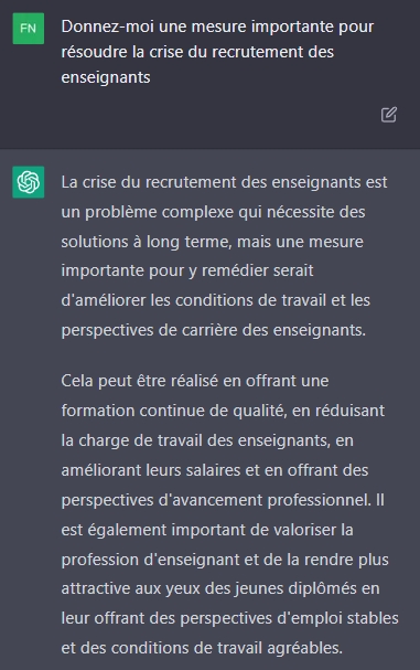 Une question posée à ChatGPT et sa réponse