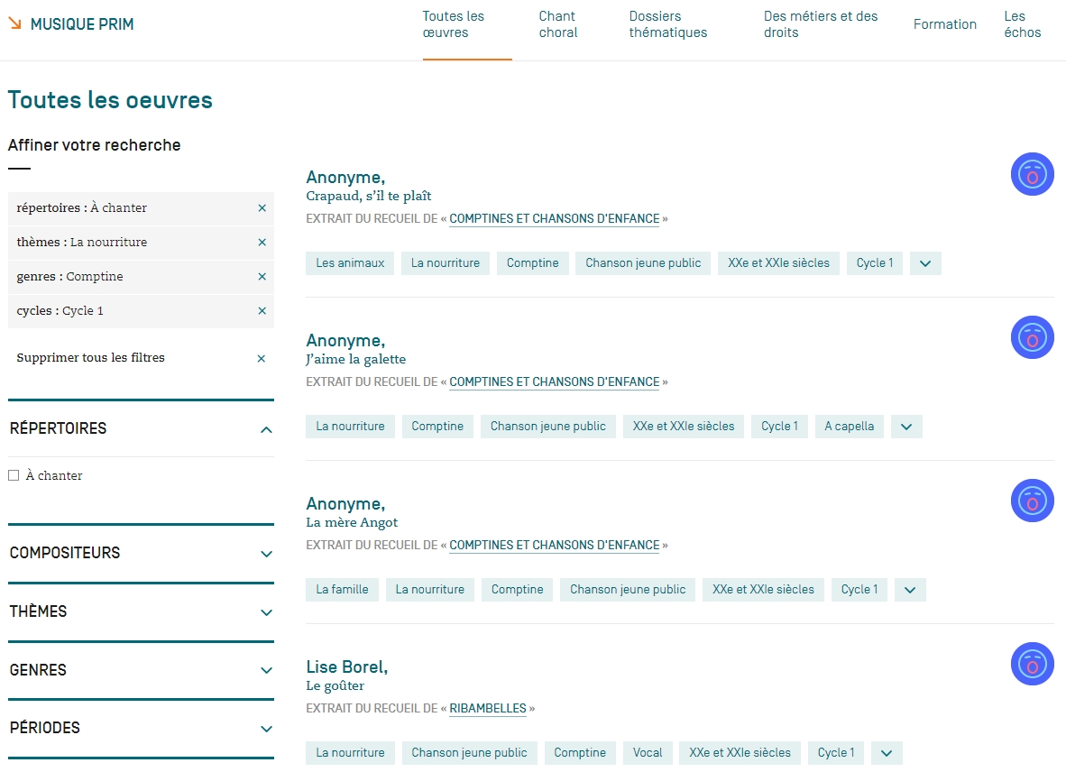 Exemple d'une recherche sur 'Musique prim'