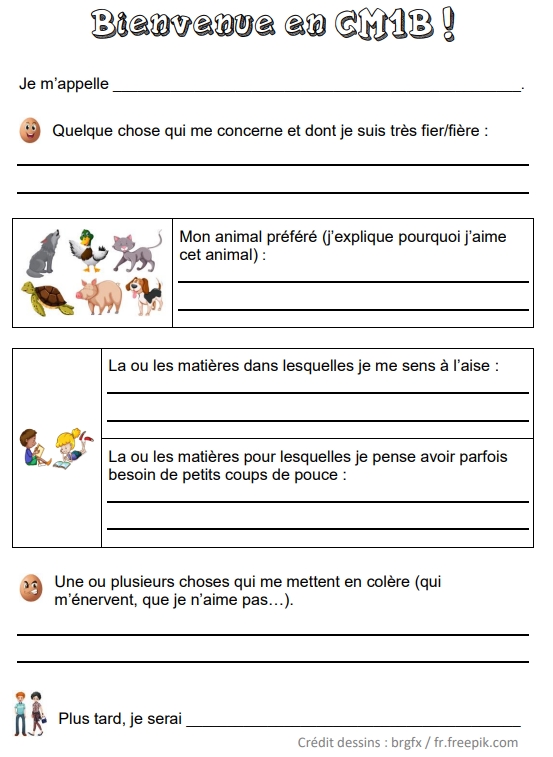 Exemple d'une feuille de présentation en CM1